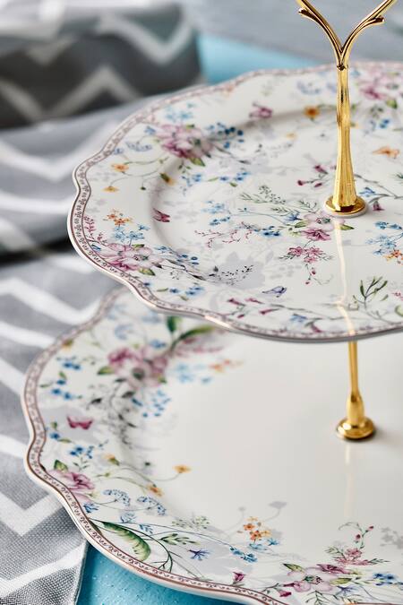 Buy Vigneto Multi Color Finest Premium Porcelain Flower Pattern Bed Two Tier Dessert Stand Online at Aza Fashions Buy_Vigneto_Multi Color Finest Premium Porcelain Flower Pattern Bed Two Tier Dessert Stand_Online_at_Aza_Fashions