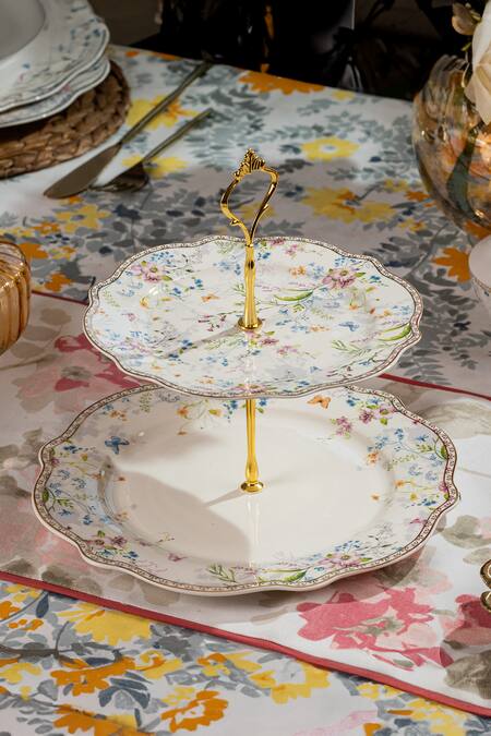 Shop Vigneto Multi Color Finest Premium Porcelain Flower Pattern Bed Two Tier Dessert Stand Online at Aza Fashions Shop_Vigneto_Multi Color Finest Premium Porcelain Flower Pattern Bed Two Tier Dessert Stand_Online_at_Aza_Fashions