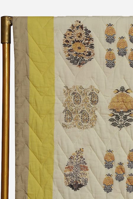 Ritu Kumar_Yellow Print Kashmiri Booti Single Bed Quilt_Online_at_Aza_Fashions