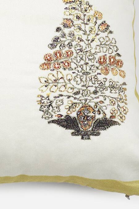 Ritu Kumar_Yellow Embroidery Kashmiri Booti Cushion With Filler_Online_at_Aza_Fashions