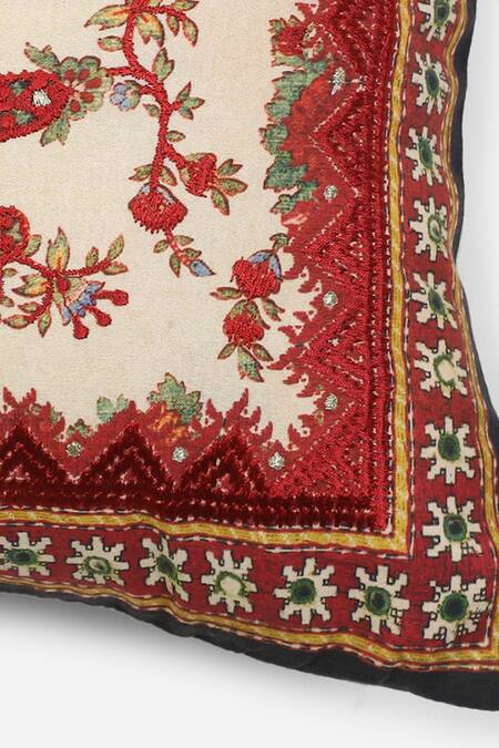 Ritu Kumar_Beige Print And Embroidery Badhuria Cushion With Filler_Online_at_Aza_Fashions