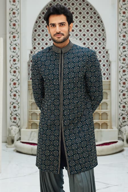 Nitika Gujral_Blue Raw Silk Embroidered Resham Sherwani Set _Online_at_Aza_Fashions