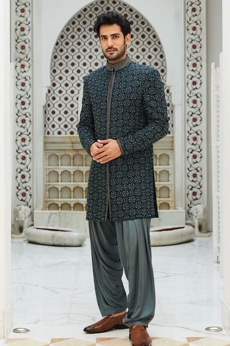 Buy_Nitika Gujral_Blue Raw Silk Embroidered Resham Sherwani Set _Online_at_Aza_Fashions
