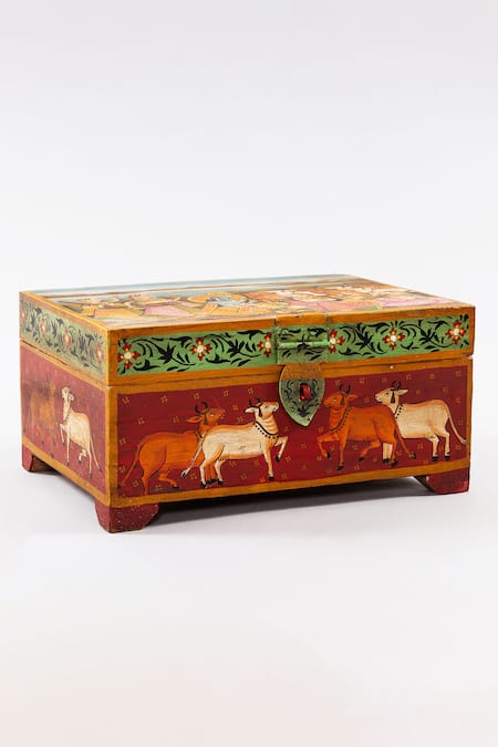 Purana Darwaza_Red Wood Hand Painted Jewellery Box_at_Aza_Fashions