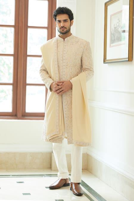 Nitika Gujral_Peach Silk, Cotton, Lycra Beads, Diamonds Embroidered Sherwani Set _Online_at_Aza_Fashions