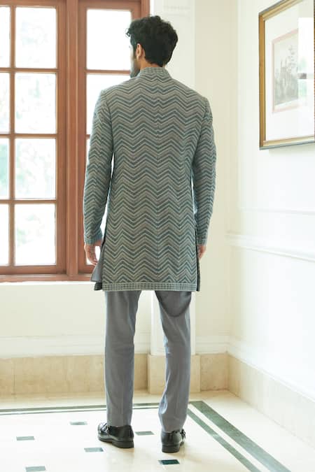 Shop Nitika Gujral Grey Matka Silk Embroidered Resham Geometric Pattern Sherwani Set at Aza Fashions Shop_Nitika Gujral_Grey Matka Silk Embroidered Resham Geometric Pattern Sherwani Set _at_Aza_Fashions