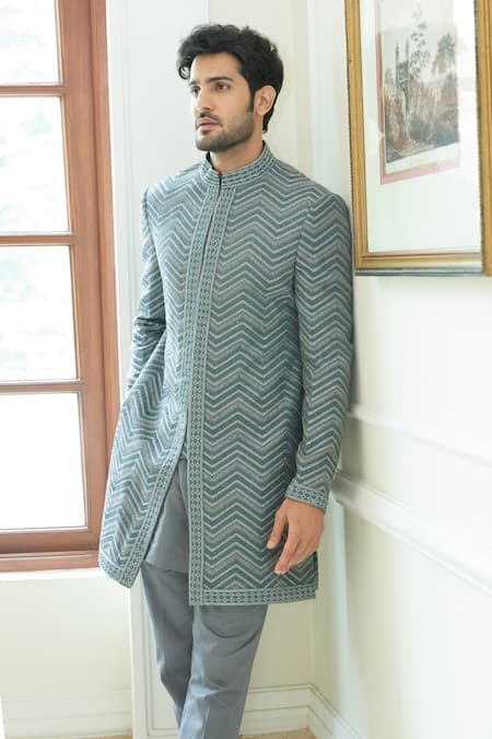 Buy Nitika Gujral Grey Matka Silk Embroidered Resham Geometric Pattern Sherwani Set Online at Aza Fashions Buy_Nitika Gujral_Grey Matka Silk Embroidered Resham Geometric Pattern Sherwani Set _Online_at_Aza_Fashions