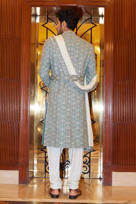 Shop Nitika Gujral Green Silk Embroidered Stole And Belt at Aza Fashions Shop_Nitika Gujral_Green Silk Embroidered Stole And Belt_at_Aza_Fashions