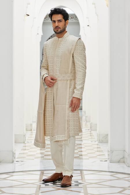 Nitika Gujral_Cream Silk, Cotton, Tussar, Lycra Crystals, Geometric Pattern Raw Sherwani Set _Online_at_Aza_Fashions