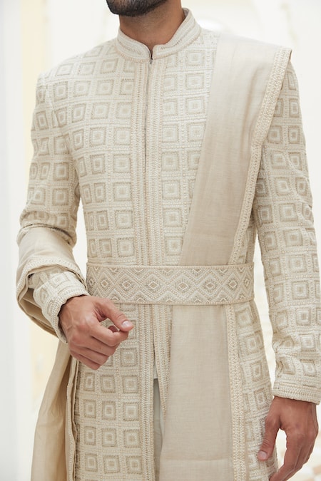 Buy_Nitika Gujral_Cream Silk, Cotton, Tussar, Lycra Crystals, Geometric Pattern Raw Sherwani Set _Online_at_Aza_Fashions