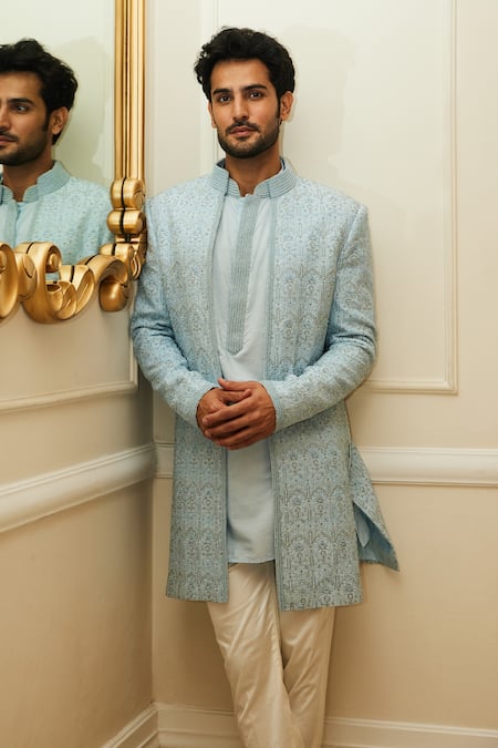 Nitika Gujral_Blue Raw Silk Embroidered Resham And Beadwork Sherwani Set _Online_at_Aza_Fashions