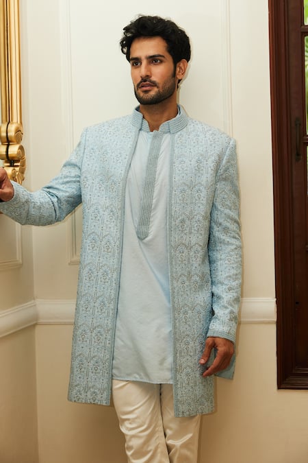 Buy_Nitika Gujral_Blue Raw Silk Embroidered Resham And Beadwork Sherwani Set _Online_at_Aza_Fashions
