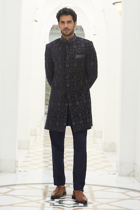 Nitika Gujral Blue Velvet Embroidered Resham Dabka Sherwani Set 