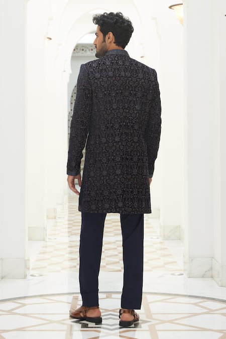 Shop Nitika Gujral Blue Velvet Embroidered Resham Dabka Sherwani Set at Aza Fashions Shop_Nitika Gujral_Blue Velvet Embroidered Resham Dabka Sherwani Set _at_Aza_Fashions