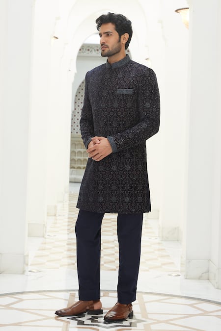 Buy Nitika Gujral Blue Velvet Embroidered Resham Dabka Sherwani Set Online at Aza Fashions Buy_Nitika Gujral_Blue Velvet Embroidered Resham Dabka Sherwani Set _Online_at_Aza_Fashions