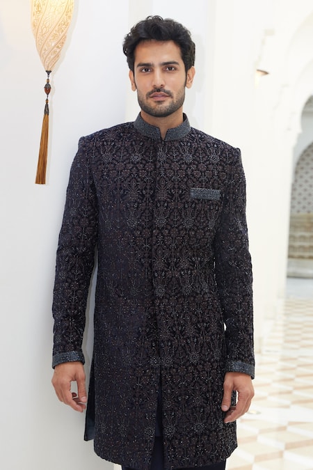 Shop Nitika Gujral Blue Velvet Embroidered Resham Dabka Sherwani Set Online at Aza Fashions Shop_Nitika Gujral_Blue Velvet Embroidered Resham Dabka Sherwani Set _Online_at_Aza_Fashions
