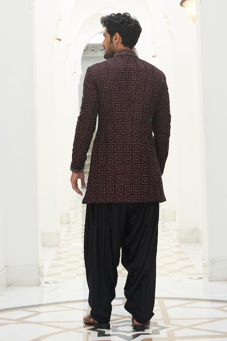 Shop Nitika Gujral Maroon Raw Silk Embroidered Resham Geometric Pattern Sherwani Set at Aza Fashions Shop_Nitika Gujral_Maroon Raw Silk Embroidered Resham Geometric Pattern Sherwani Set _at_Aza_Fashions