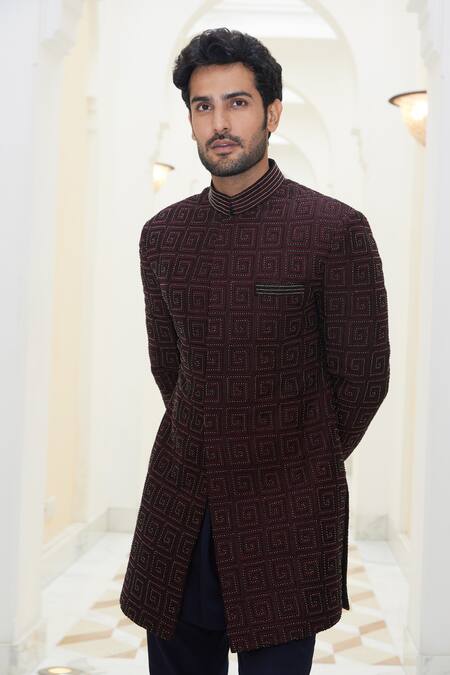 Nitika Gujral Maroon Raw Silk Embroidered Resham Geometric Pattern Sherwani Set Online at Aza Fashions Nitika Gujral_Maroon Raw Silk Embroidered Resham Geometric Pattern Sherwani Set _Online_at_Aza_Fashions