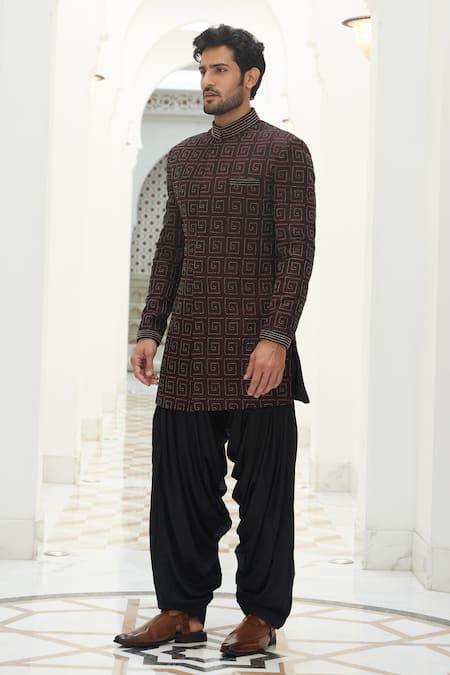 Shop Nitika Gujral Maroon Raw Silk Embroidered Resham Geometric Pattern Sherwani Set Online at Aza Fashions Shop_Nitika Gujral_Maroon Raw Silk Embroidered Resham Geometric Pattern Sherwani Set _Online_at_Aza_Fashions