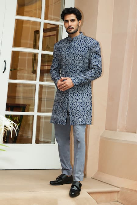 Nitika Gujral_Blue Matka Tussar Embroidered Resham Baroque Pattern Sherwani Set _Online_at_Aza_Fashions