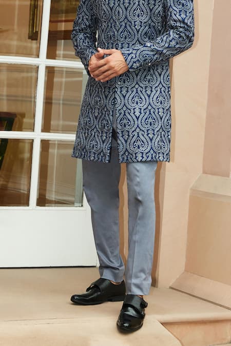 Buy_Nitika Gujral_Blue Matka Tussar Embroidered Resham Baroque Pattern Sherwani Set _Online_at_Aza_Fashions