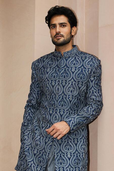 Shop_Nitika Gujral_Blue Matka Tussar Embroidered Resham Baroque Pattern Sherwani Set _Online_at_Aza_Fashions