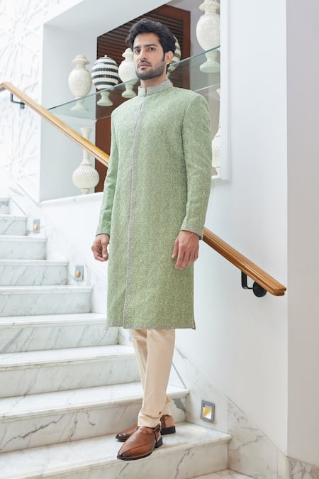 Nitika Gujral_Green Silk, Cotton, Mohair Beads, Crystals Tonal Resham Embroidered Sherwani Set _Online_at_Aza_Fashions