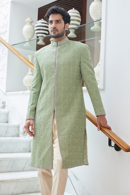 Buy_Nitika Gujral_Green Silk, Cotton, Mohair Beads, Crystals Tonal Resham Embroidered Sherwani Set _Online_at_Aza_Fashions