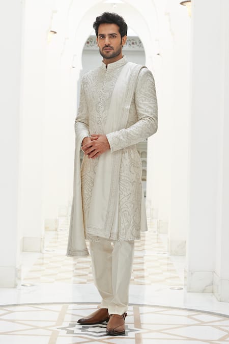 Nitika Gujral Ivory Silk, Cotton Diamonds, Embroidery Paisley Pattern Sherwani Set Online at Aza Fashions Nitika Gujral_Ivory Silk, Cotton Diamonds, Embroidery Paisley Pattern Sherwani Set _Online_at_Aza_Fashions