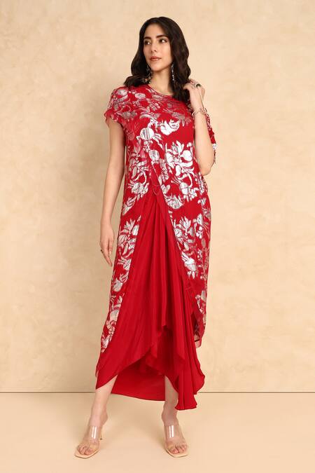 Style Junkiie_Red Crepe Asymmetric Draped Skirt _Online_at_Aza_Fashions