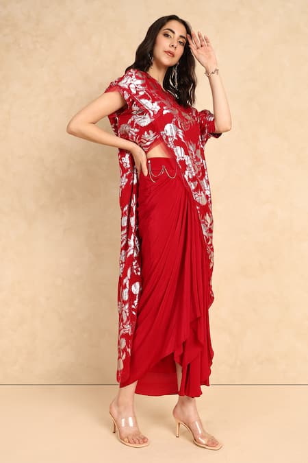 Buy_Style Junkiie_Red Crepe Asymmetric Draped Skirt _Online_at_Aza_Fashions
