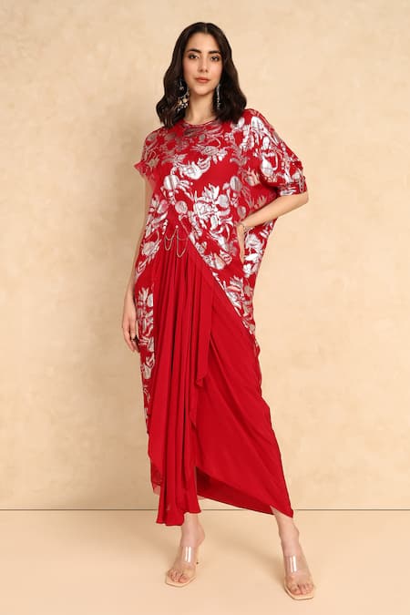 Shop_Style Junkiie_Red Crepe Asymmetric Draped Skirt _at_Aza_Fashions