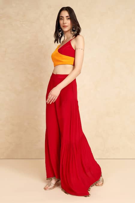 Style Junkiie_Red Crepe Beads Tassel Hem Flared Gharara Pant _Online_at_Aza_Fashions