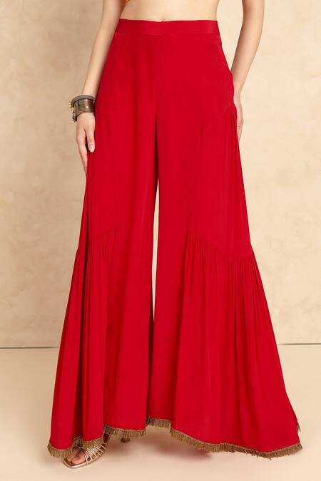 Buy_Style Junkiie_Red Crepe Beads Tassel Hem Flared Gharara Pant _Online_at_Aza_Fashions