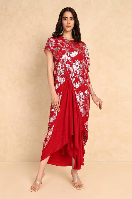 Style Junkiie_Red Georgette Embroidery Round Neck Bloom High Low Wrap Tunic _Online_at_Aza_Fashions