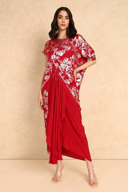 Buy_Style Junkiie_Red Georgette Embroidery Round Neck Bloom High Low Wrap Tunic _Online_at_Aza_Fashions