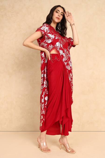 Shop_Style Junkiie_Red Georgette Embroidery Round Neck Bloom High Low Wrap Tunic _Online_at_Aza_Fashions