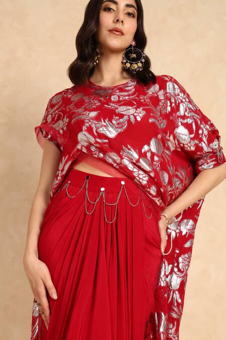 Style Junkiie_Red Georgette Embroidery Round Neck Bloom High Low Wrap Tunic _at_Aza_Fashions