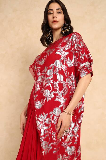 Buy_Style Junkiie_Red Georgette Embroidery Round Neck Bloom High Low Wrap Tunic 