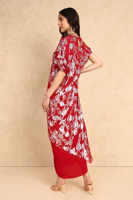 Shop_Style Junkiie_Red Georgette Embroidery Round Neck Bloom High Low Wrap Tunic _at_Aza_Fashions