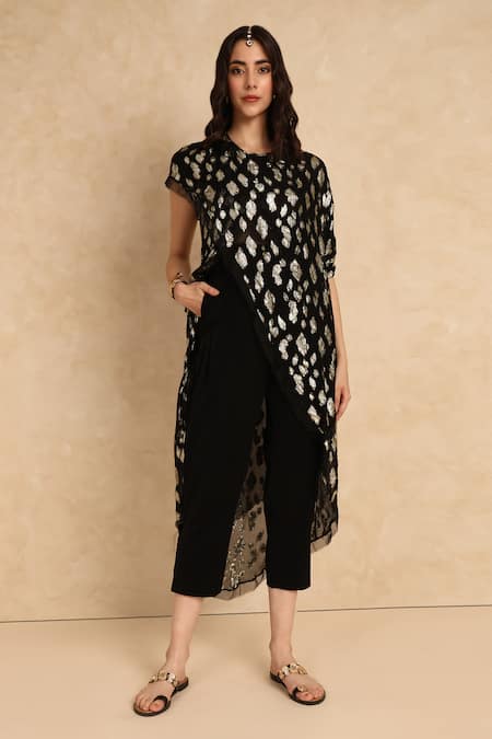 Style Junkiie_Black Georgette Embroidery Round Neck Blossom High Low Wrap Tunic _Online_at_Aza_Fashions
