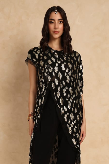 Buy_Style Junkiie_Black Georgette Embroidery Round Neck Blossom High Low Wrap Tunic _Online_at_Aza_Fashions