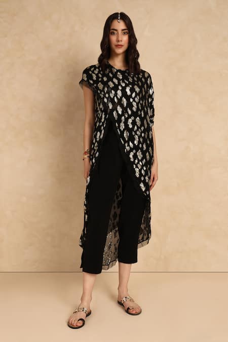 Shop_Style Junkiie_Black Georgette Embroidery Round Neck Blossom High Low Wrap Tunic _Online_at_Aza_Fashions