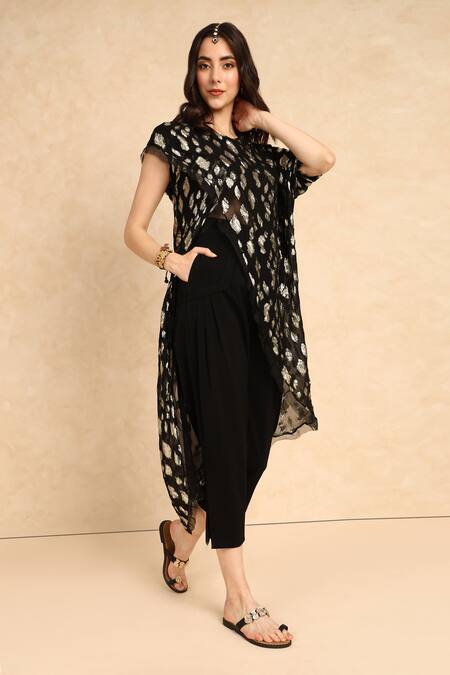 Style Junkiie_Black Georgette Embroidery Round Neck Blossom High Low Wrap Tunic _at_Aza_Fashions