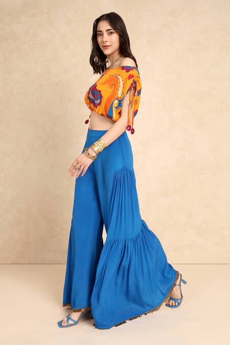 Style Junkiie_Blue Crepe Plain Flared Gharara Pant _Online_at_Aza_Fashions