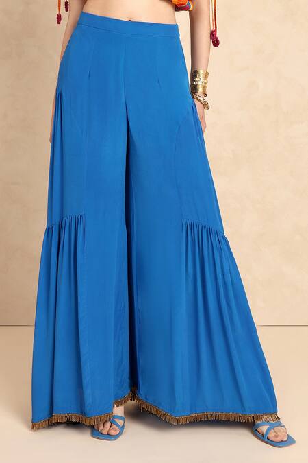 Buy_Style Junkiie_Blue Crepe Plain Flared Gharara Pant _Online_at_Aza_Fashions