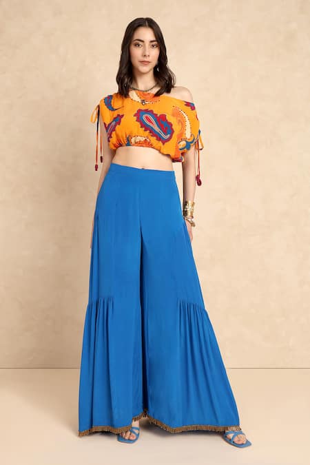 Shop_Style Junkiie_Blue Crepe Plain Flared Gharara Pant _Online_at_Aza_Fashions