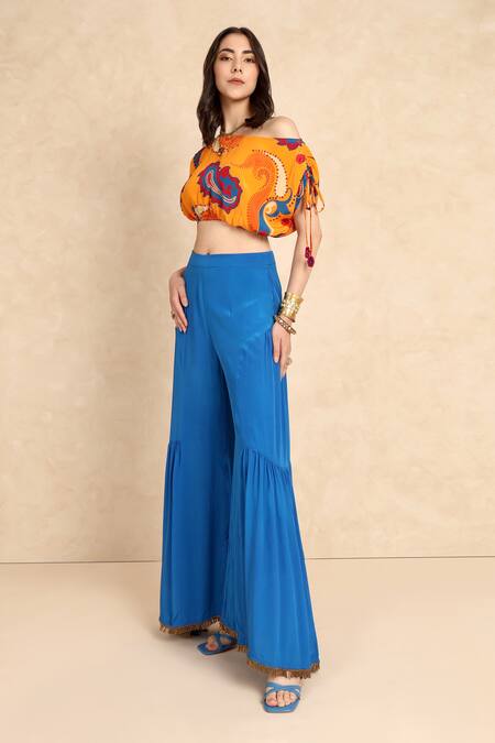 Style Junkiie_Blue Crepe Plain Flared Gharara Pant _at_Aza_Fashions