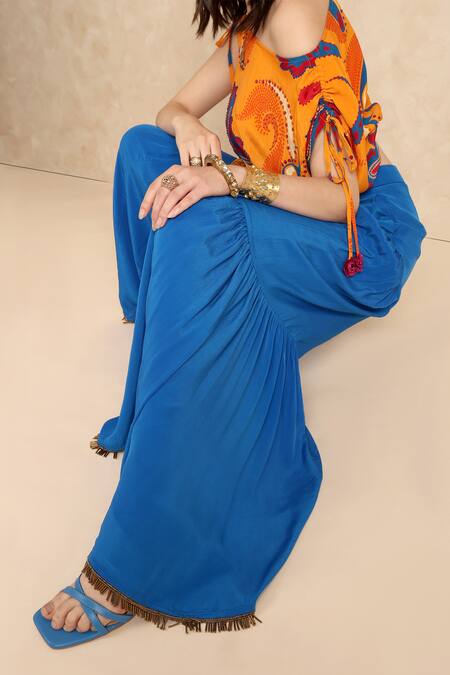 Buy_Style Junkiie_Blue Crepe Plain Flared Gharara Pant 