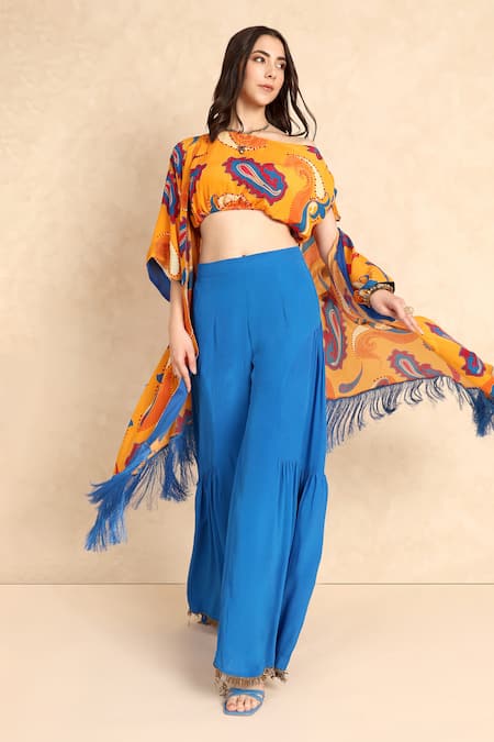 Shop_Style Junkiie_Blue Crepe Plain Flared Gharara Pant 